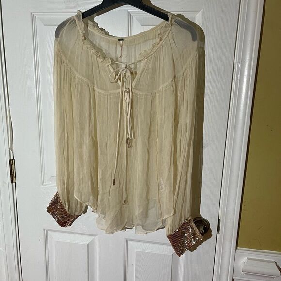 Free People sheer beige long sleeves blouse with gold sequins cuffs size Medium - Picture 1 of 15